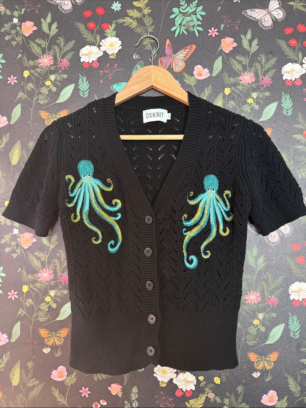 Oxknit Short-Sleeve Cardigan Sweater with Teal Octopus Embroidery